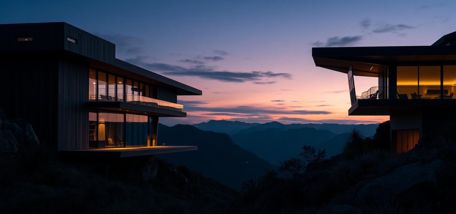 Modern architecture at dusk overlooking a valley