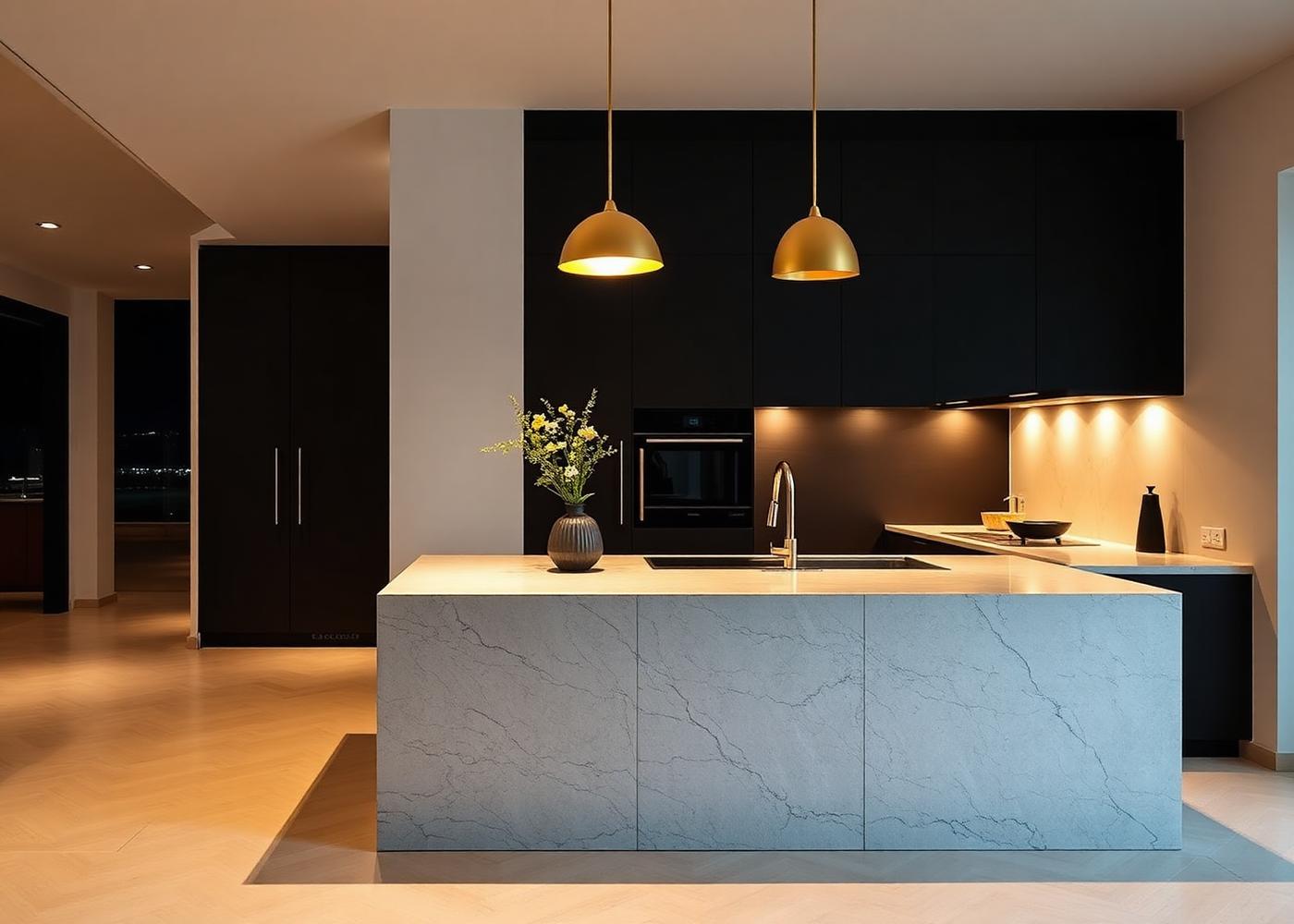 Minimal luxury kitchen with stone island